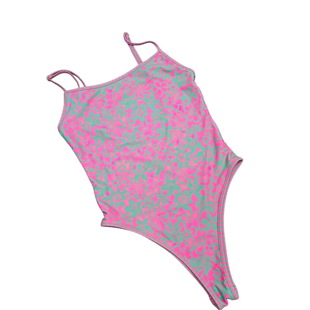 Kulani Kinis One Piece Swimsuit Womens Medium Pink Green Floral High Cut Retro